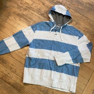 Kangaroo pocket hooded longsleeve shirt.